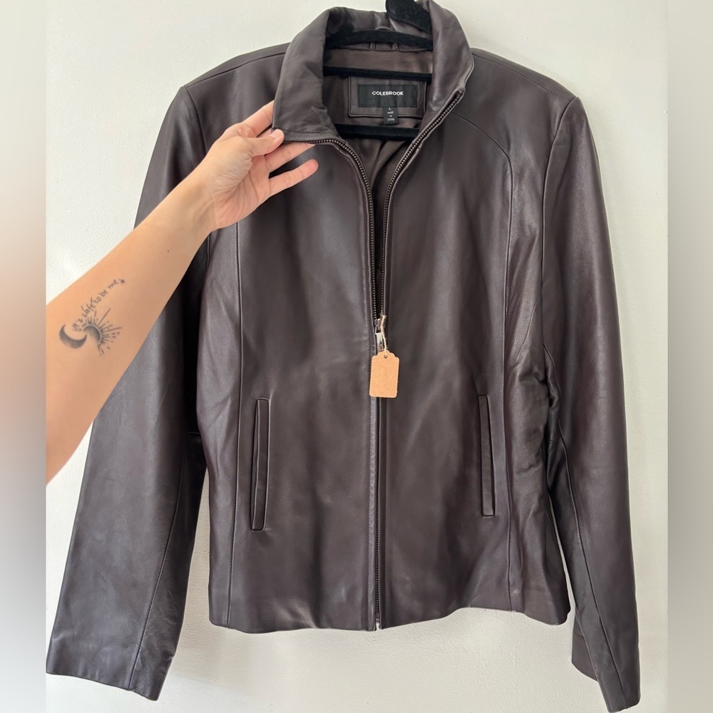 Y2K Streetwear Brown Bomber Leather Preppy Zip Up Biker Jacket Size Medium Large